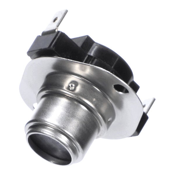 A metallic and plastic electrical component with a cylindrical body, mounting flange, and two electrical terminals.