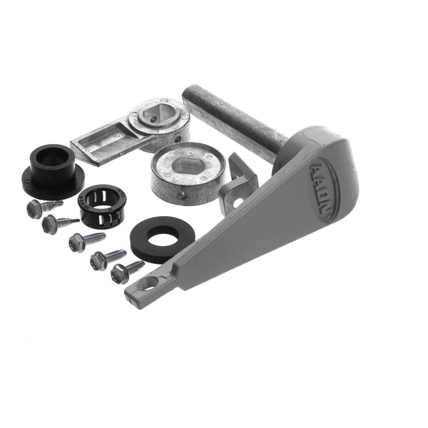 A set of metal and plastic mechanical parts, including a latch handle, washers, bushings, screws, and brackets, arranged on a white background.