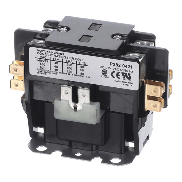 A black and metallic electrical contactor with labeled terminals and a specification label on the front.