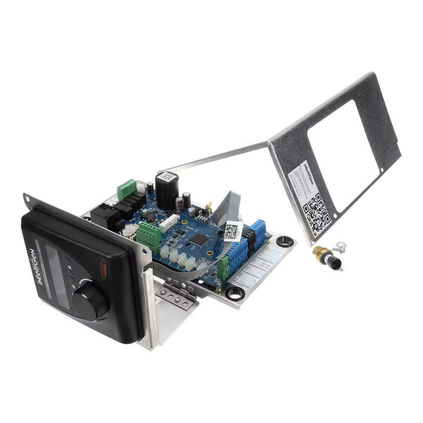 An electronic control board assembly with various connectors, a black control panel, a metal mounting bracket, and additional small hardware components.