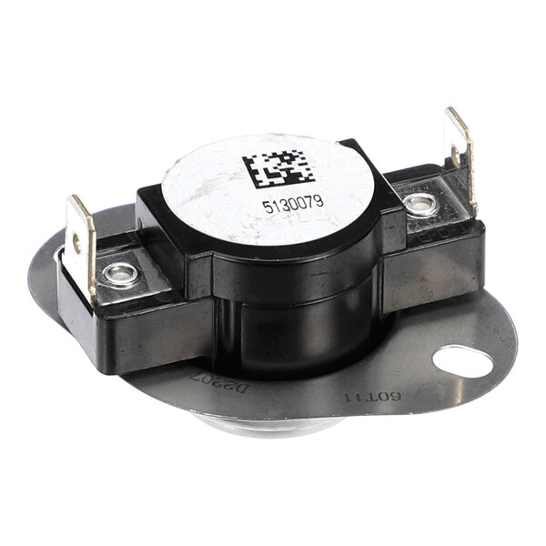 A round, black and silver electronic component with two metal terminals and a mounting flange, likely a temperature control switch or thermostat.