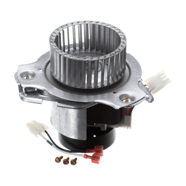 A metallic blower motor assembly with a circular fan, electrical connectors, and mounting screws.
