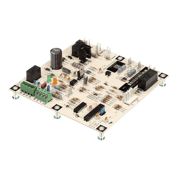 A square electronic circuit board with various components including capacitors, resistors, integrated circuits, connectors, and relays mounted on it.