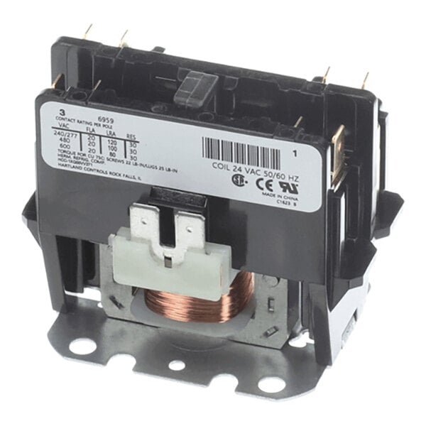A black and metallic electrical contactor with a visible copper coil and labeled specifications on the front.