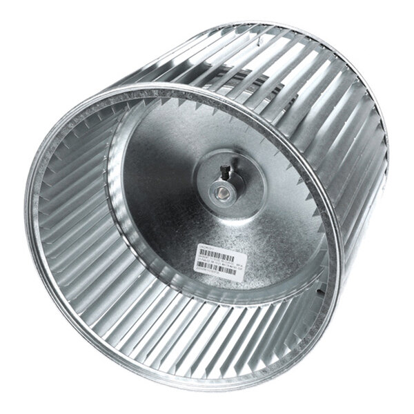 A cylindrical metal fan wheel with evenly spaced blades and a central hub, viewed at an angle.