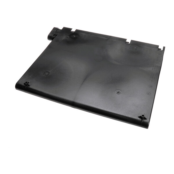 A black, rectangular plastic tray with raised edges and several screw holes, likely a component part such as a condensate pan.