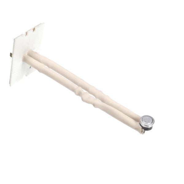 A beige component with two parallel rods attached to a rectangular base and a small round metallic part at the end.