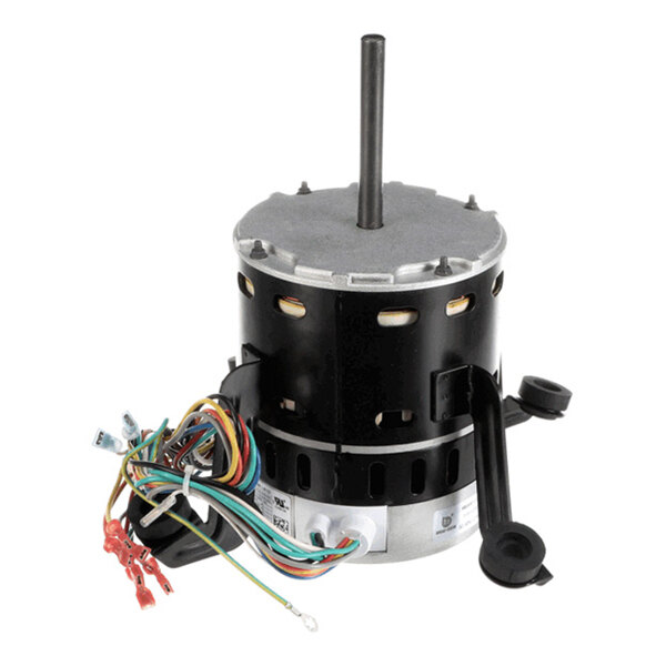 A cylindrical electric motor with a central shaft, multiple colored wires, and mounting brackets visible.