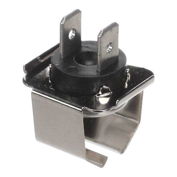 A small metal and plastic electronic component with two flat prongs and a mounting bracket.