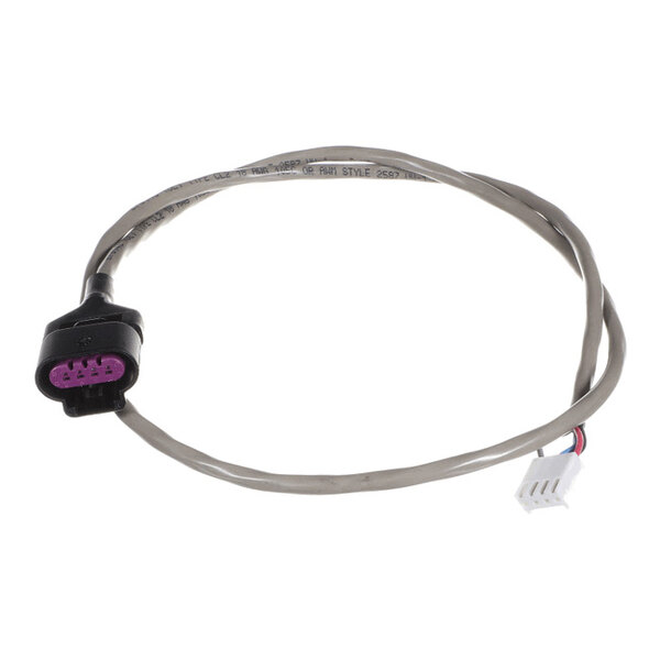A gray wire harness with a black and purple female connector on one end and a white rectangular connector on the other end.