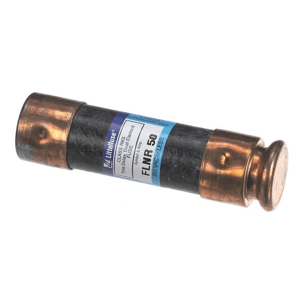 A cylindrical electrical fuse with metallic ends and a labeled body indicating specifications.