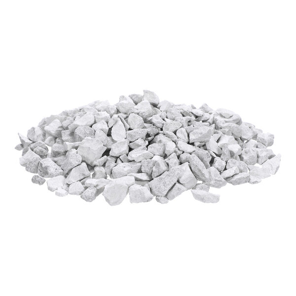 A pile of small, irregularly shaped white rocks or granules on a white background.