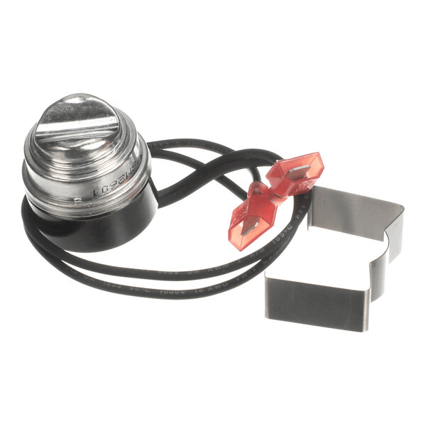A metallic cylindrical component with attached black wires ending in red connectors, accompanied by a metal mounting clip.