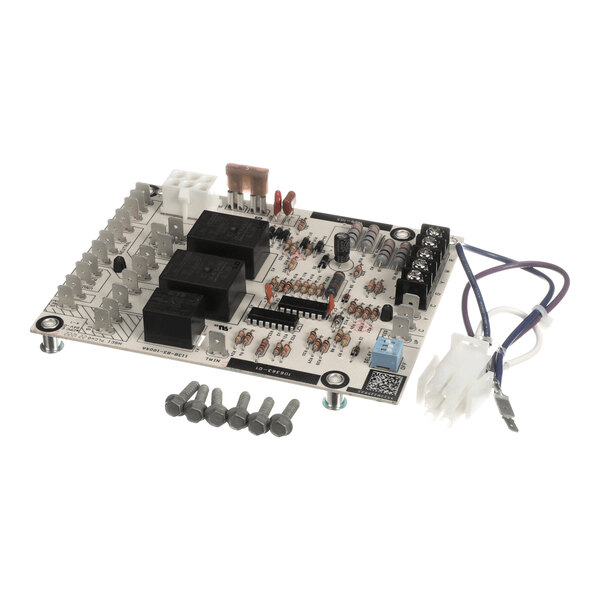 A rectangular electronic circuit board with various components, connectors, and attached wires, accompanied by six screws.