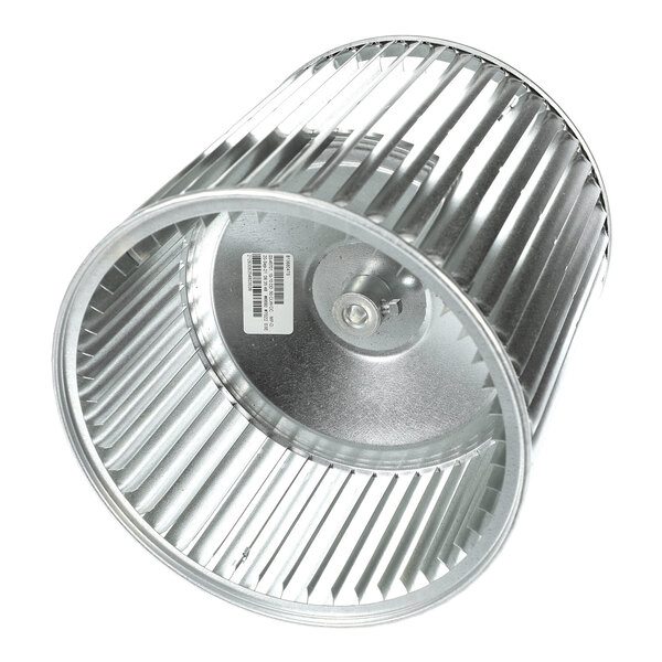 A metal cylindrical fan wheel with evenly spaced blades and a central hub, viewed at an angle.