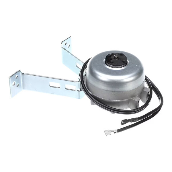 A metallic cylindrical motor with attached mounting brackets and a black electrical wire.