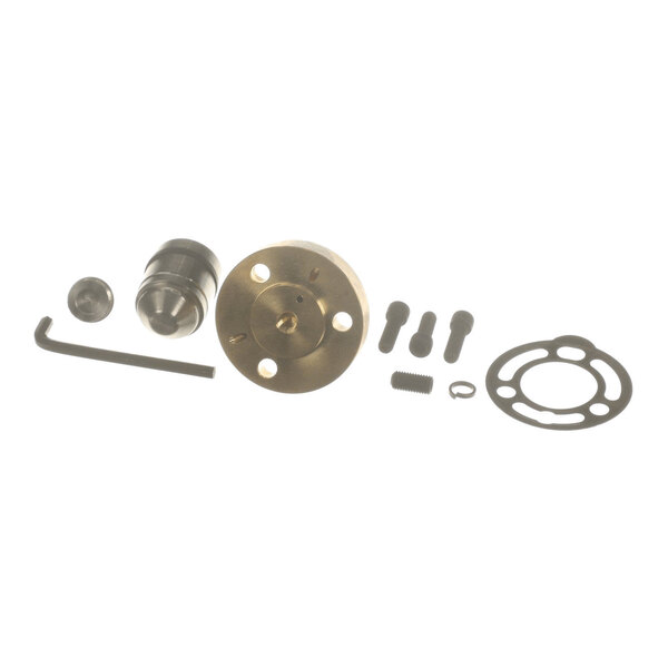 Several metal and rubber components, including a round brass piece with holes, screws, a gasket, a small cylindrical part, a hex key, and a retaining ring, are arranged on a white background.