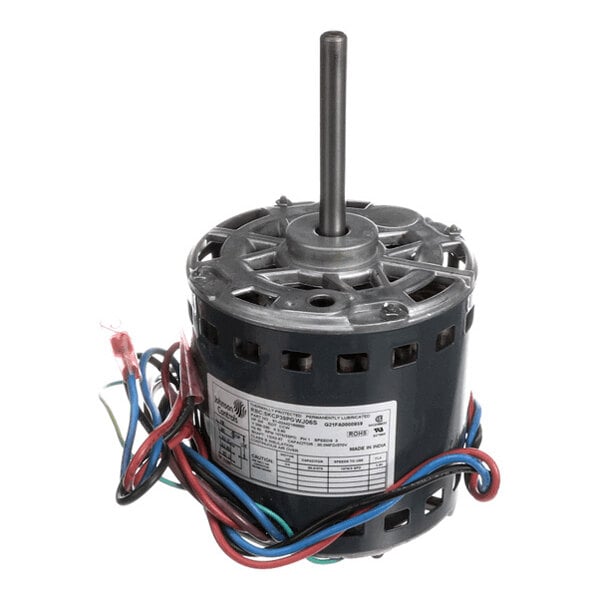 A cylindrical electric motor with a central shaft, multiple colored wires, and a label with technical specifications attached to the side.