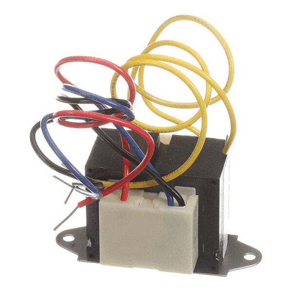 A small electrical transformer with multiple colored wires (yellow, red, blue, black) extending from it and a white plastic connector base.