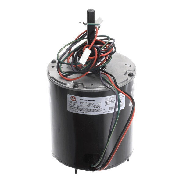 A cylindrical electric motor with a central shaft and several colored wires extending from the top.