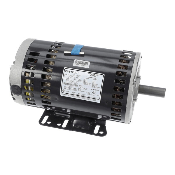 A cylindrical electric motor with a black vented housing, a metal mounting base, and a protruding shaft.