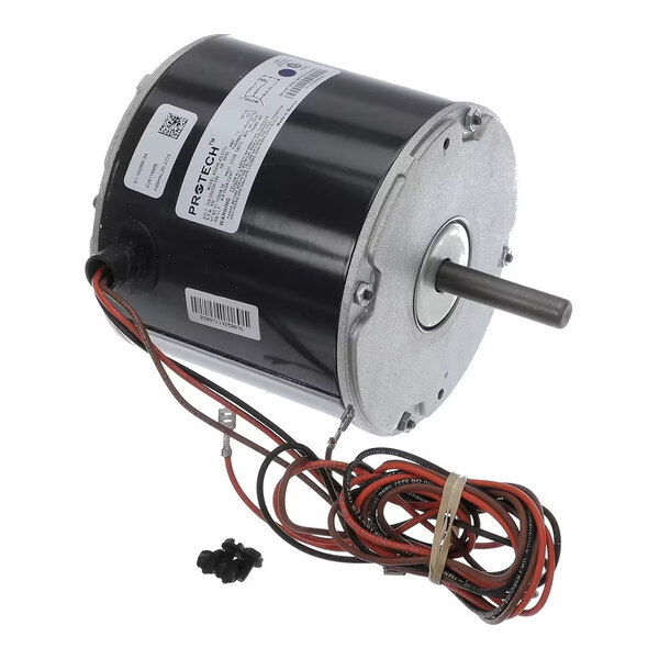 A cylindrical electric motor with a metal shaft, attached wires, and a label on the side.
