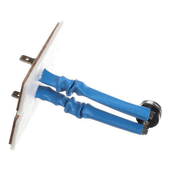 A metal component with two blue insulated wires attached to a flat rectangular base and a small round black part at the end.