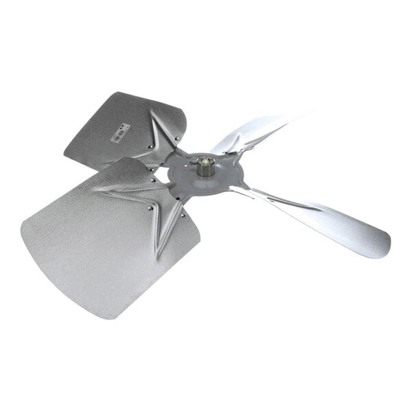 A four-blade metallic fan with two wide, flat blades and two narrower, curved blades attached to a central hub.