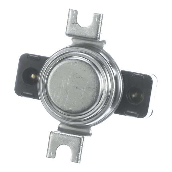 A round metallic component with two flat mounting brackets and two black plastic ends, likely an electrical or temperature control device.