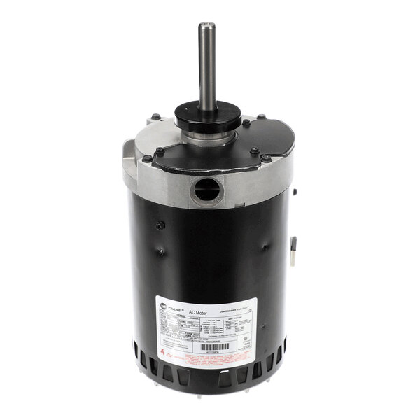 A cylindrical electric motor with a black body, a metal mounting flange, a central shaft protruding from the top, and a label with specifications on the side.