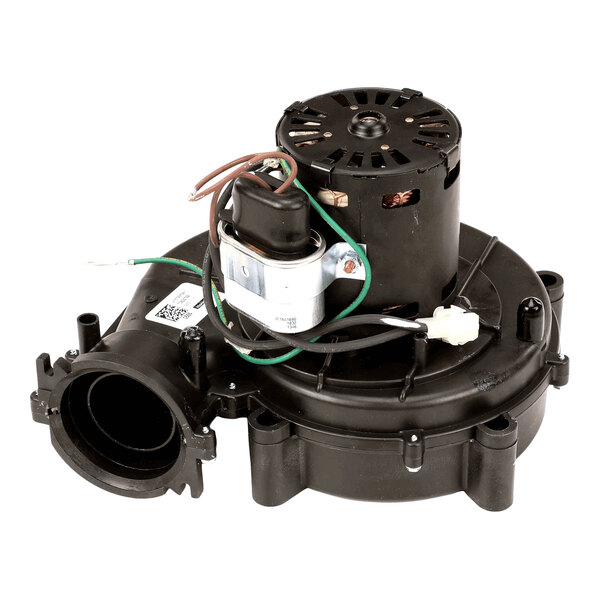 A black motorized vent assembly with attached wiring and a cylindrical motor mounted on top.