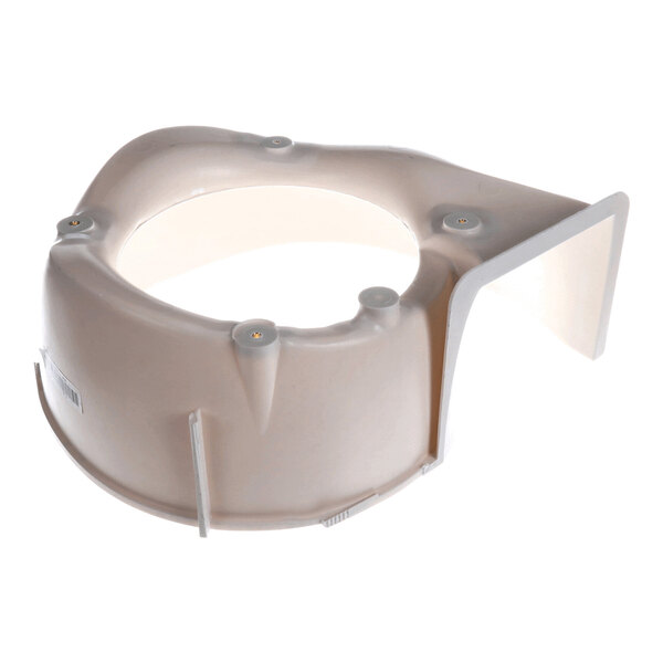 A beige, circular plastic housing component with an open center and an extended flat section on one side, featuring several screw mounts.