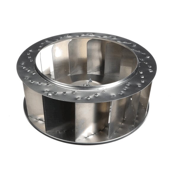 A metallic cylindrical fan wheel with multiple straight blades arranged around its circumference.