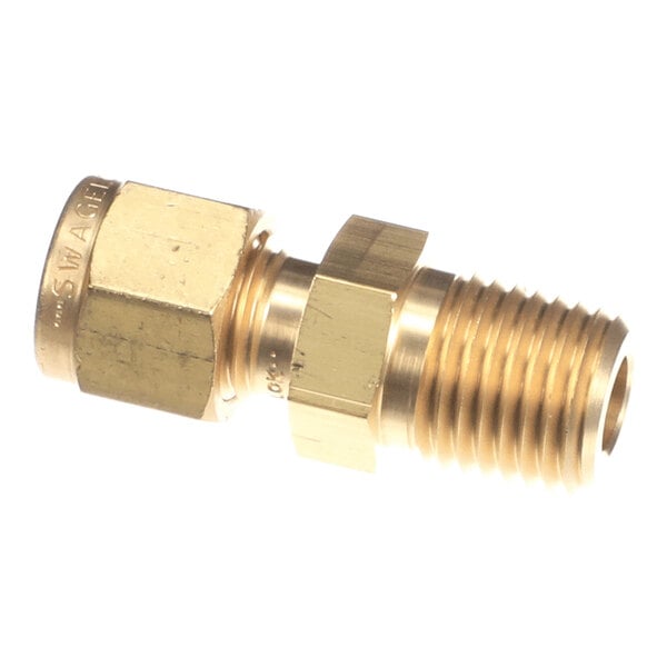 A brass connector with a hexagonal nut on one end and a threaded male fitting on the other.