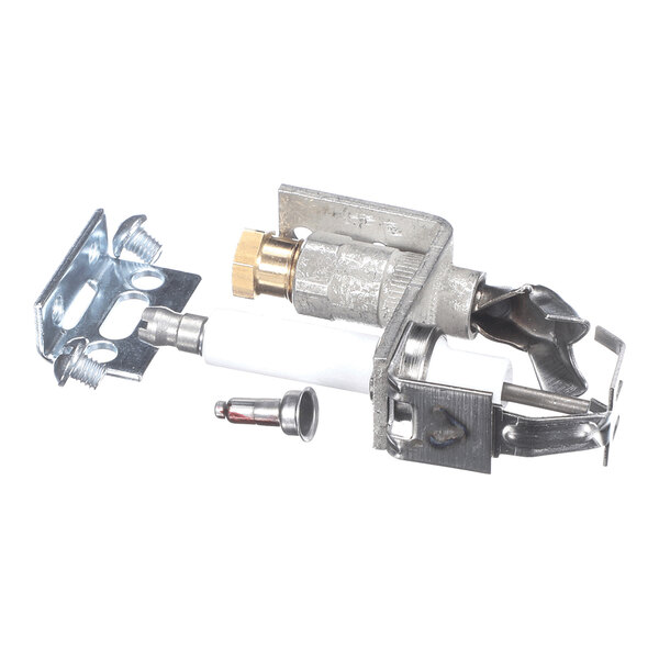 A metal pilot burner assembly with a bracket, ceramic insulator, and brass fitting, shown with an additional small metal component.