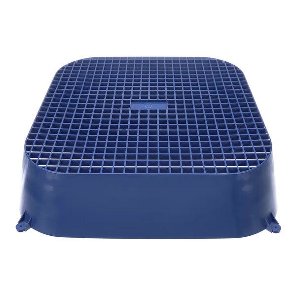 A blue, square-shaped plastic object with a grid pattern on top and rounded corners.