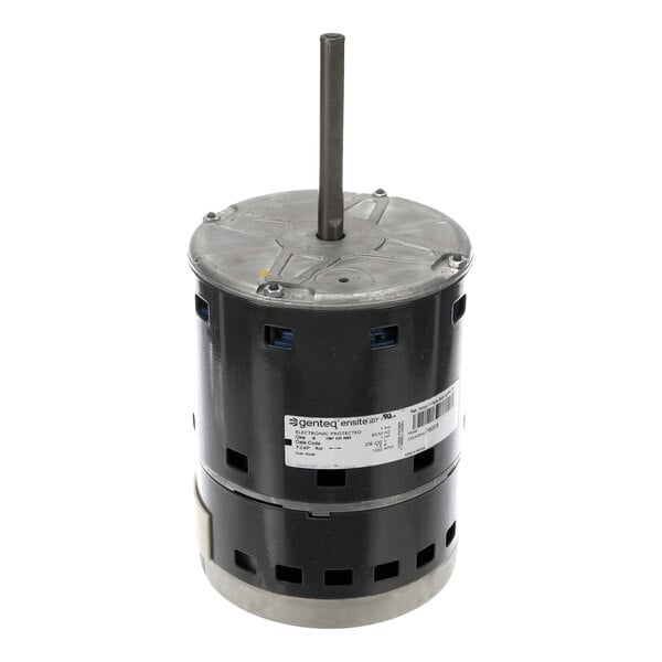 A cylindrical electric motor with a central shaft extending vertically from the top and a label on the side.