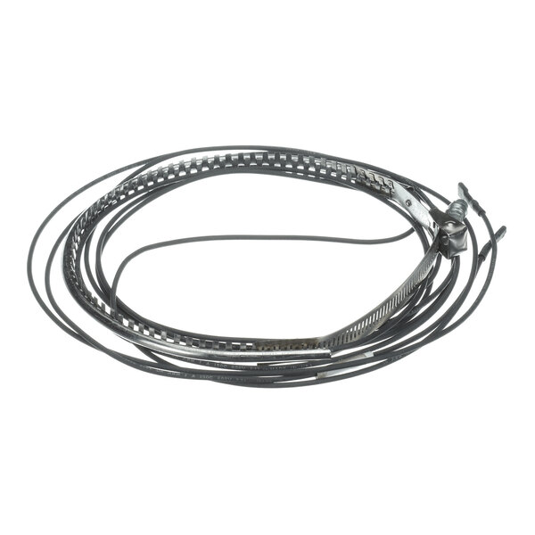 A coiled metallic strip with a clamp mechanism, likely part of a heating or securing device.