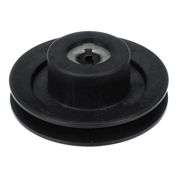 A black, round pulley with a central hub and a groove around its circumference, likely made of plastic or composite material.