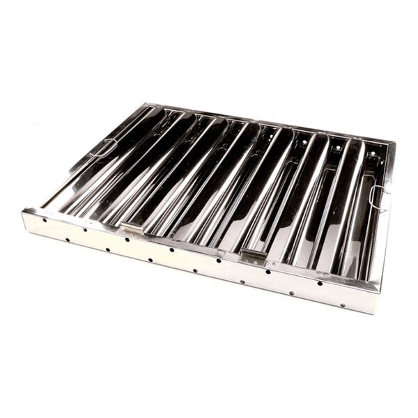 A rectangular, metallic baffle filter with vertical slats and side handles, shown on a white background.