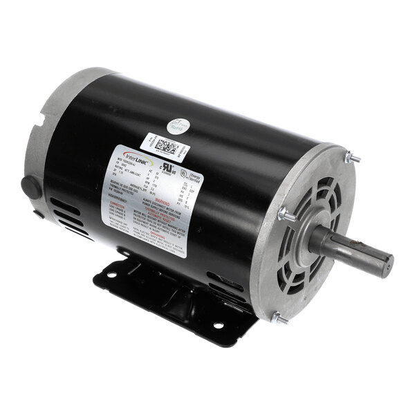 A cylindrical electric motor with a black body, metal end caps, a protruding shaft, and a mounting base, featuring a label with technical specifications.