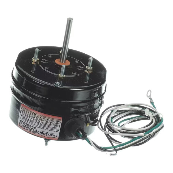 A black cylindrical electric motor with a central shaft, mounting bolts, and attached electrical wires.