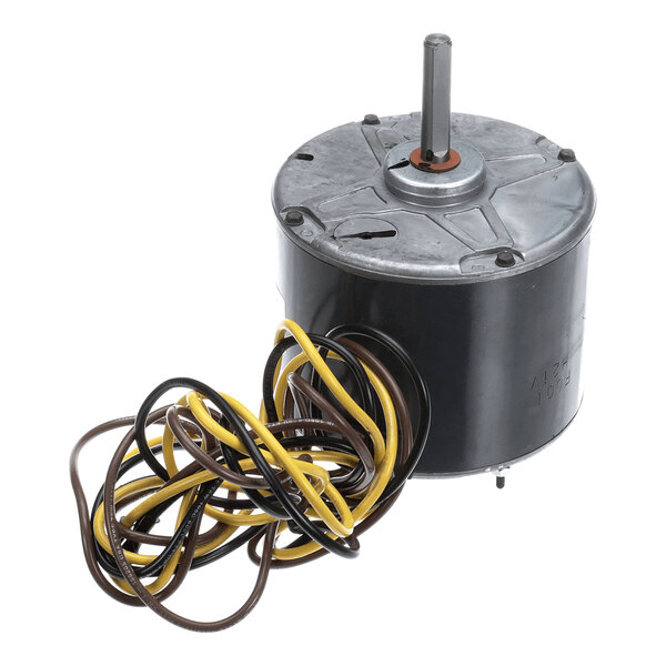A cylindrical electric motor with a metal shaft on top and several coiled yellow and brown wires attached.