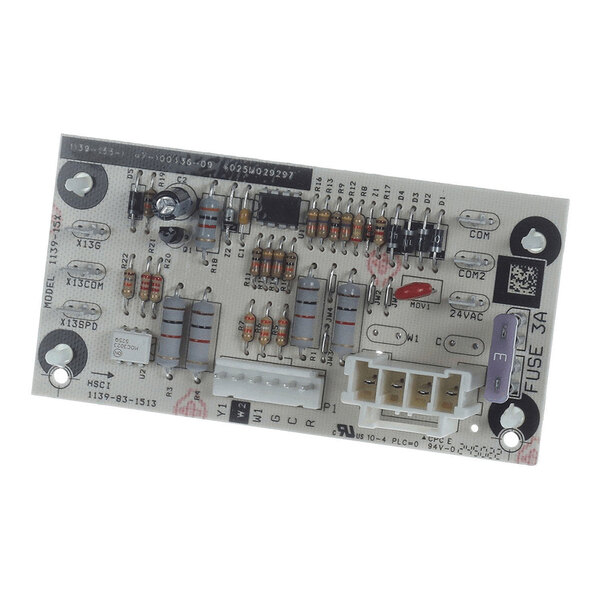 A rectangular electronic circuit board with various resistors, capacitors, connectors, and a fuse labeled '3A' mounted on its surface.