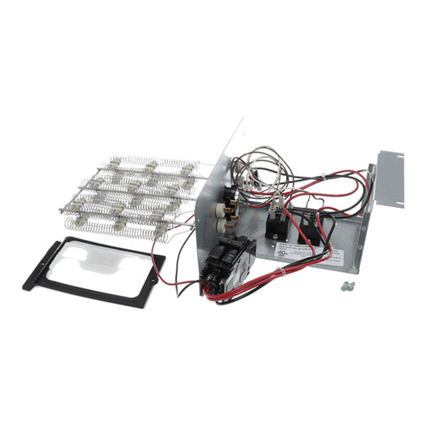 A metal assembly with exposed heating coils, electrical wiring, and components, likely part of an electric heater kit.