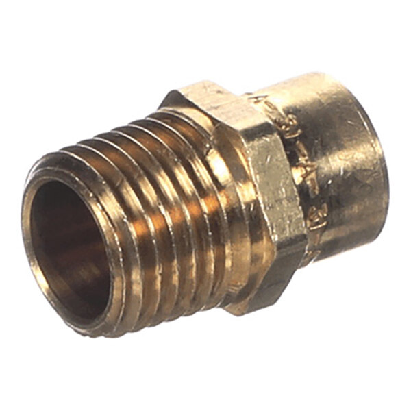 A brass-colored metal fitting with external threads on one end and a smooth cylindrical section on the other.