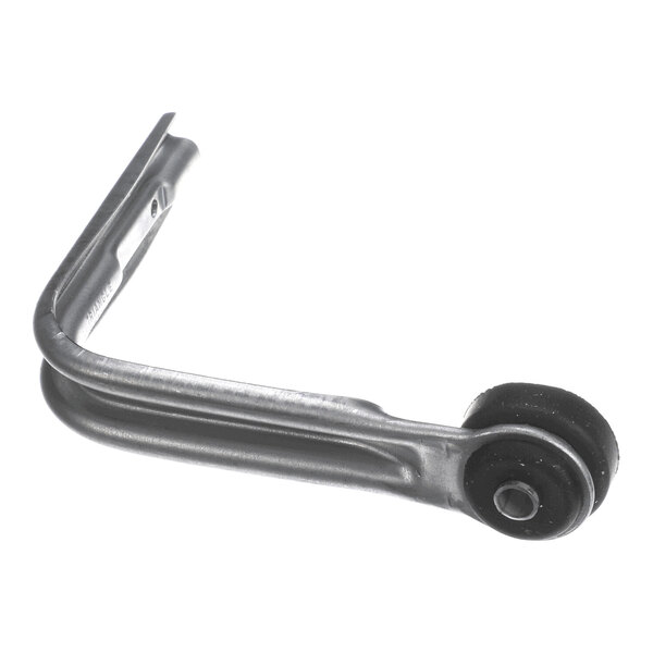 A metal L-shaped bracket with a cylindrical rubber bushing at one end, likely used for mounting or support purposes.