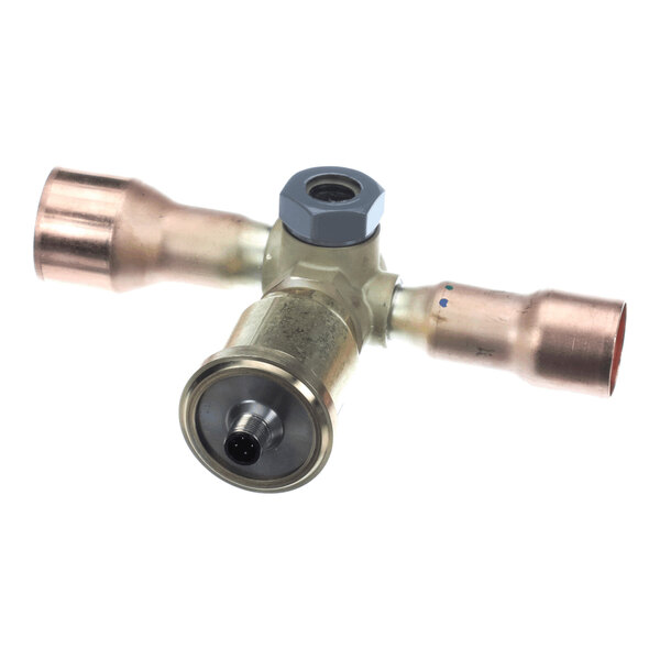 A metal valve component with two copper pipe connections and a central hexagonal nut.