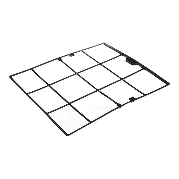 A rectangular mesh filter with a black grid frame, viewed at an angle against a white background.