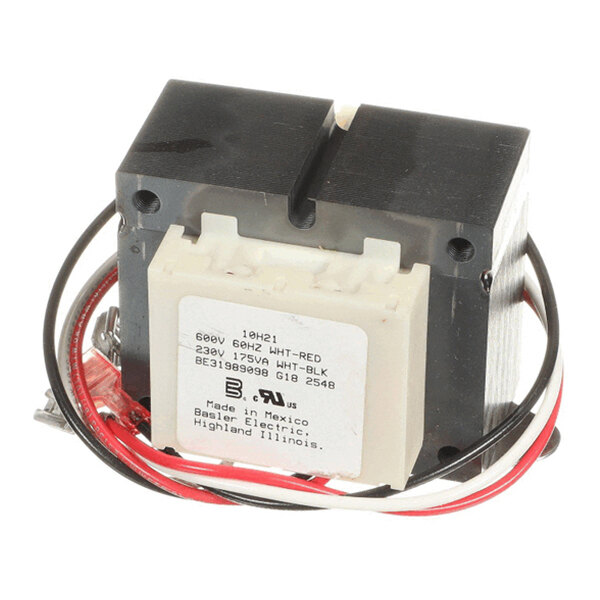 A rectangular electrical transformer with a black core, white label, and attached red and black wires.
